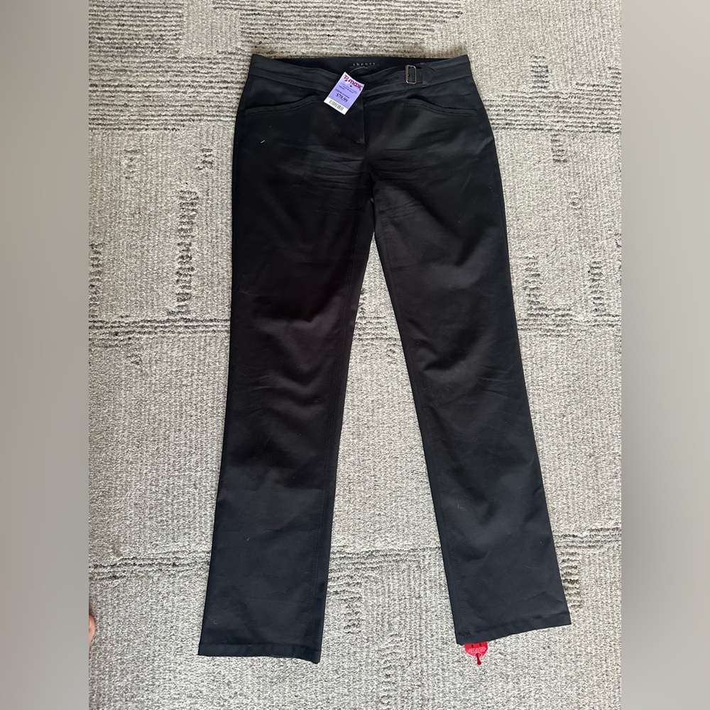 NWT Theory Black Straight-Leg Pants with Side Belt Buckle Detail